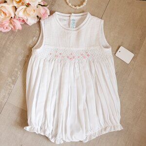 White Smocked Romper Pink Embroidery Feltman Brothers Pin Tucks 9 Months NWT